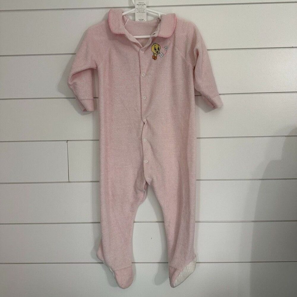 Vintage Baby Looney Tunes Embroidered Tweety Bird Footed Pajamas Pink 24 Months